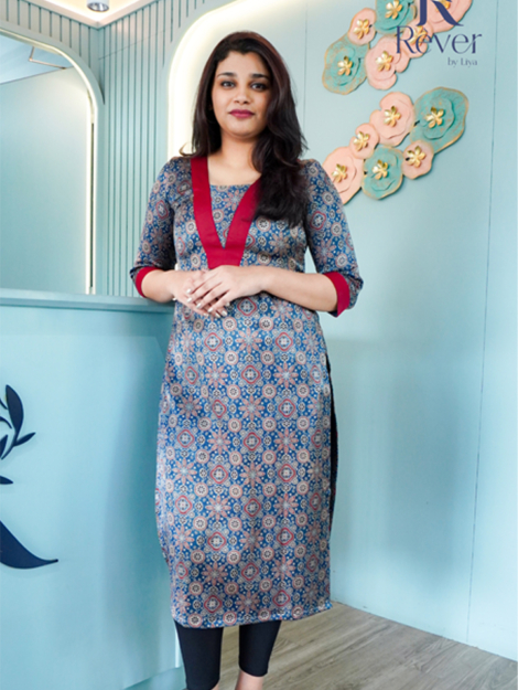 Mashru Silk Printed Kurti with Contrast V Neck 01