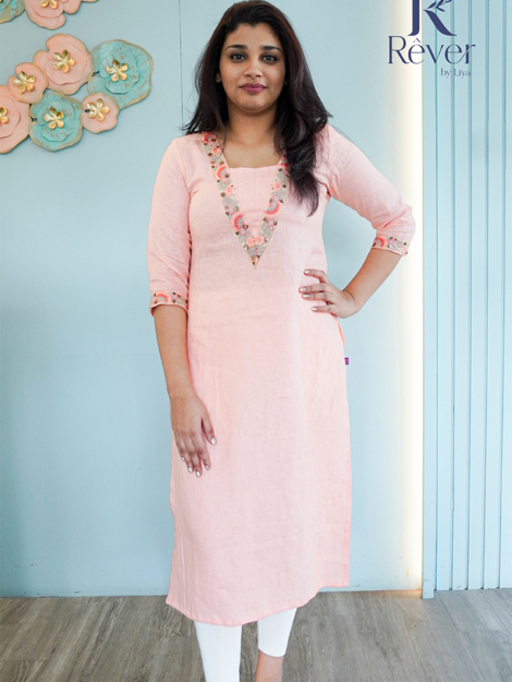Peach Linen Kurti with V Neck Embroidery Lace 01