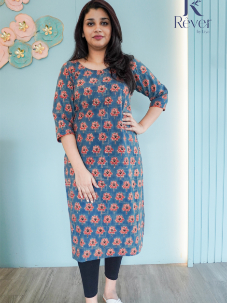 Vegetable Dye Blue Ajrak Kurti with Sequins Detailing 01+