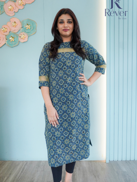 Vegetable Dye Navy Blue Ajrak Kurti with Organza Detailing 01