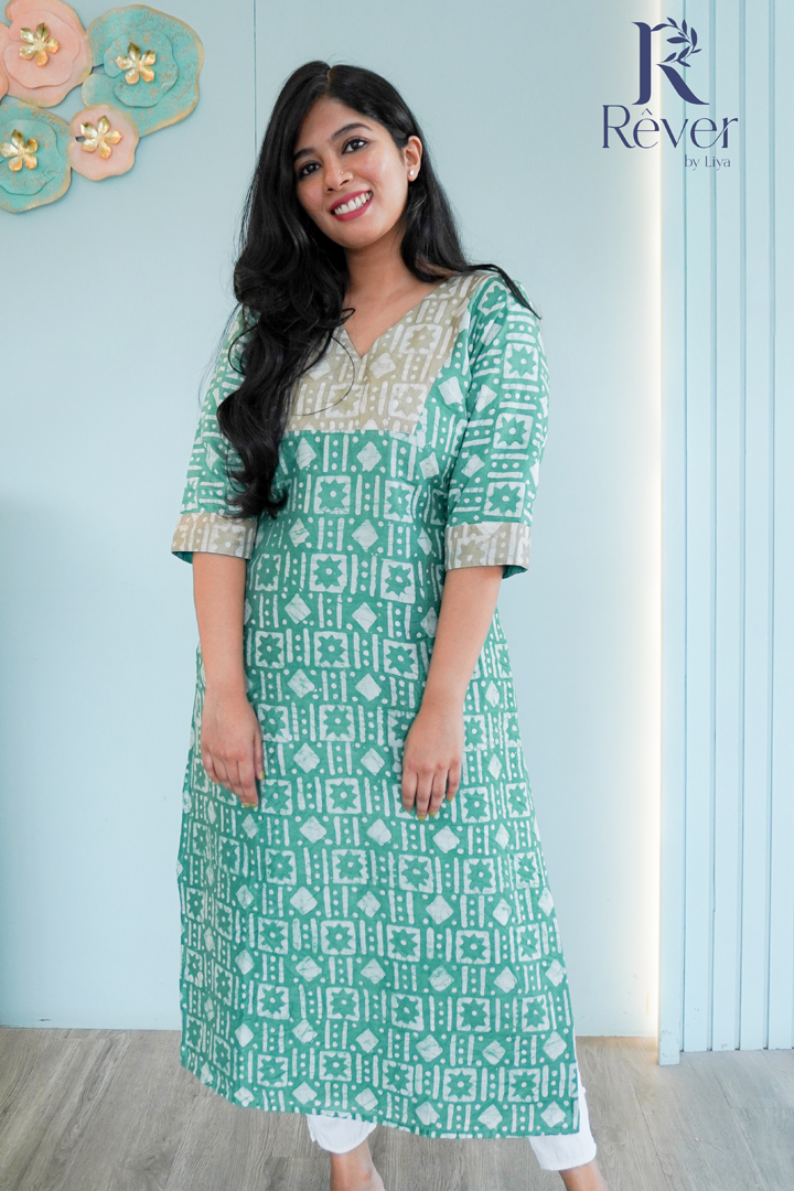 Modal readymade kurti grey and off white with batik prints & mirror wo –  Maatshi