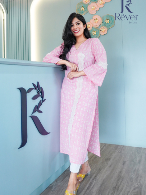 Pink Cotton Kurti with Lace and Bell Sleeves