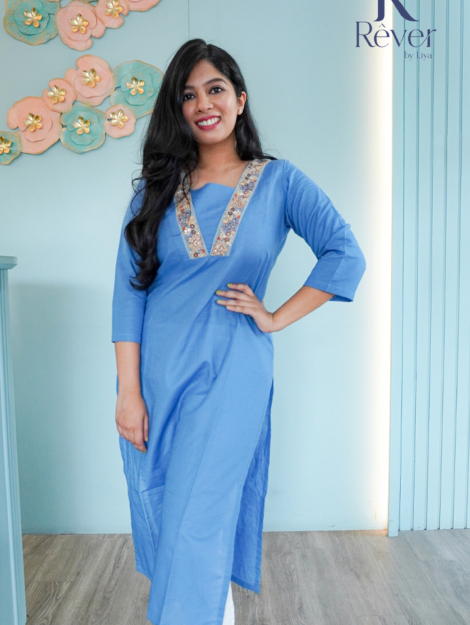 Blue Linen Kurti with V Neck Embroidery Lace 01