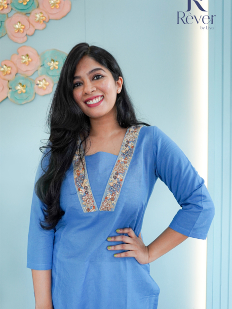 Blue Linen Kurti with V Neck Embroidery Lace 02