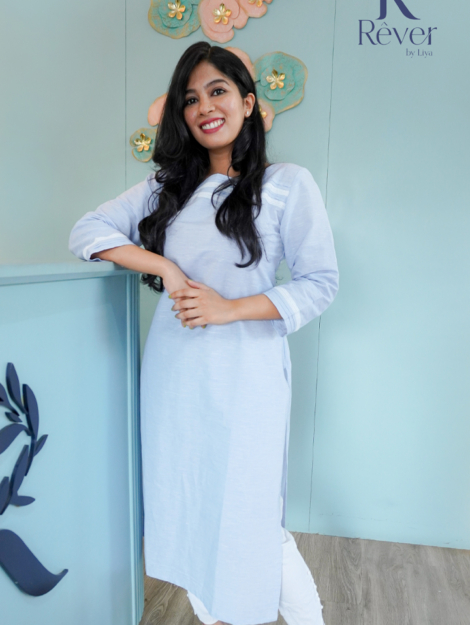 English Blue Linen Kurti with Lace Detailing 03