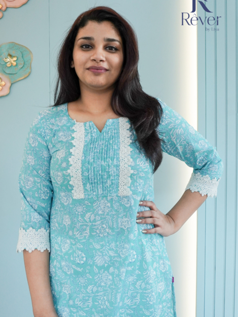 Light Blue Cotton Kurti with Pintuck and Lace on Yoke