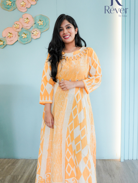 Yellow Printed Cotton Kurti with Mirror Sequins Detailing 01